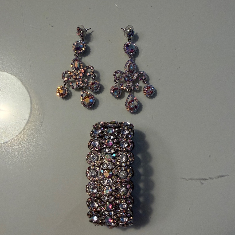 Aurora Borealis Iridescent Chandelier Earrings and bracelet Rhinestone